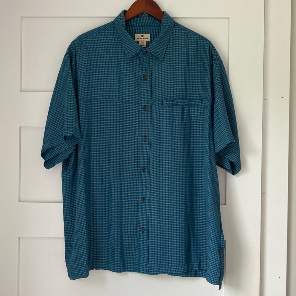 Woolrich Mens Dress Shirt XXL Button Down Short Sleeve Blue Plaid